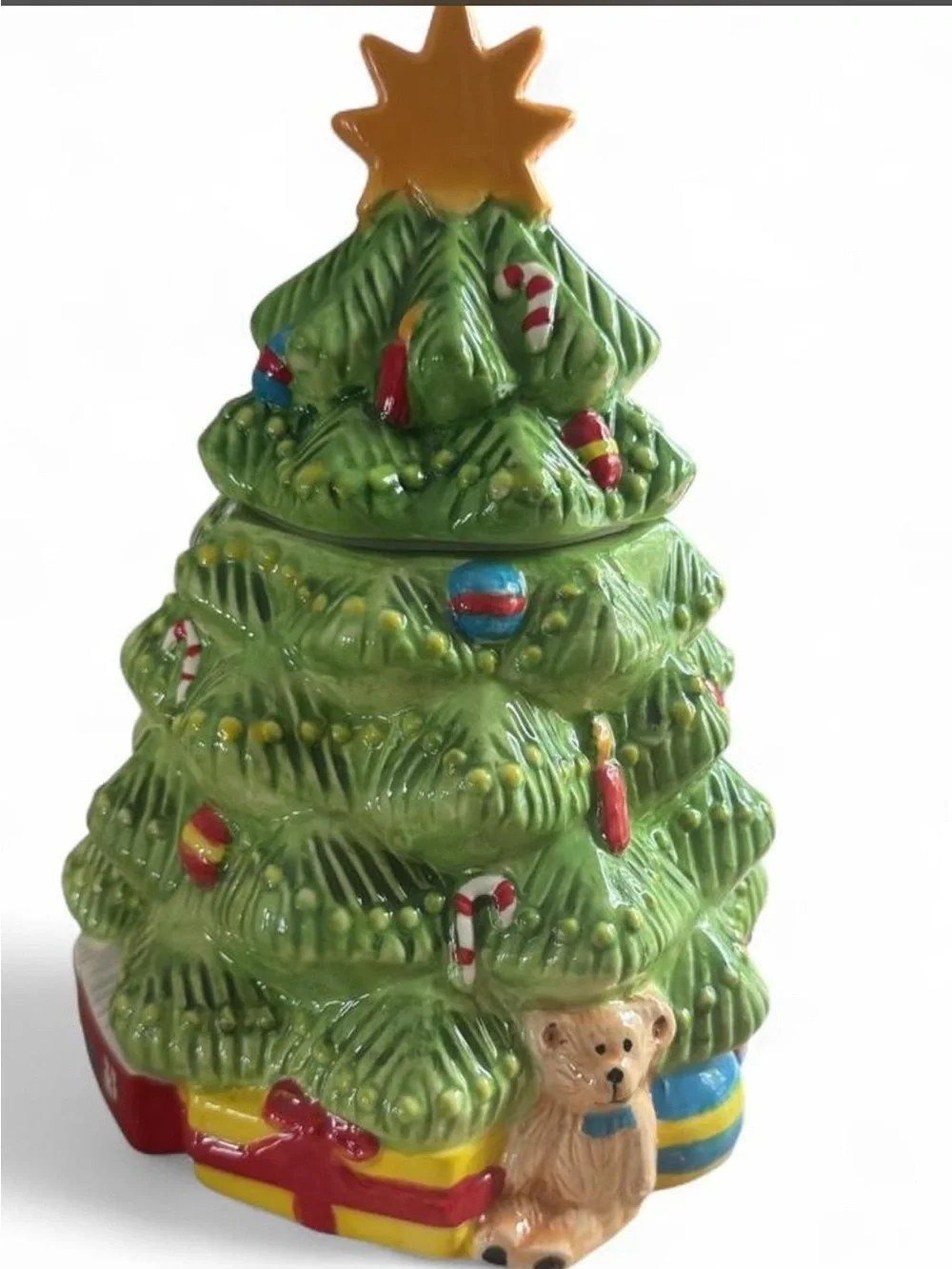 Festive Green Ceramic Christmas Tree Cookie Jar with Gold Star